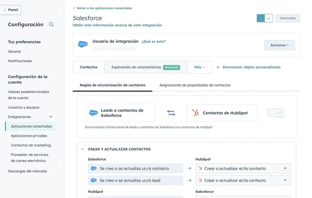 Pantalla principal de configuración de la integración con Salesforce mostrando las múltiples opciones